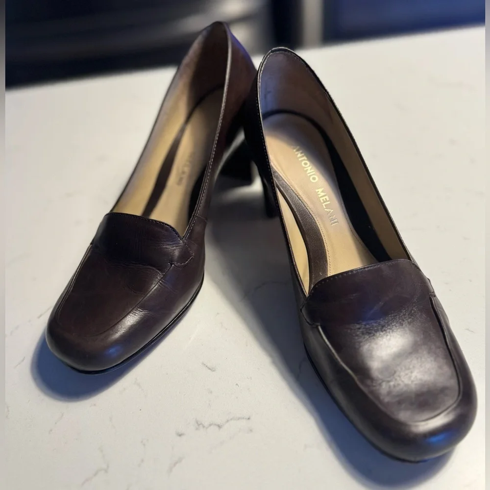 ANTONIO MELANI Dark Brown Women's Loafers 2 inch heel size 6 1/2 M